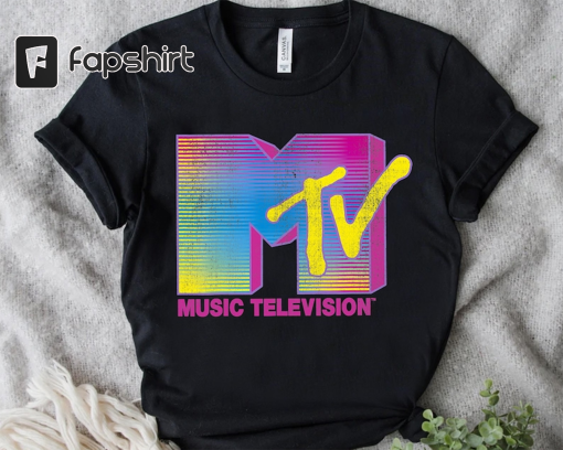 MTV Distressed Fluorescent Gradient Logo Shirt, 80s & 90s Unisex T-shirt Family Birthday Gift Adult Kid Toddler Tee