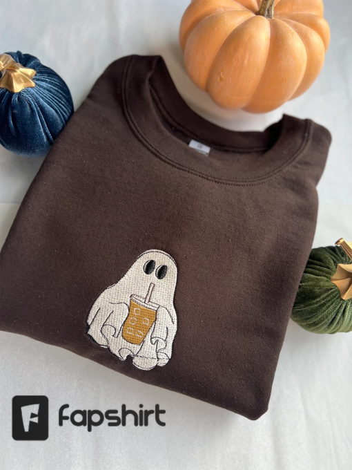 Ghost With Coffee Sweatshirt, Fall Coffee Sweatshirt, Ghost Embroidered Sweatshirt, Cute Ghost Sweatshirt, Spooky Coffee Lovers Sweatshirt