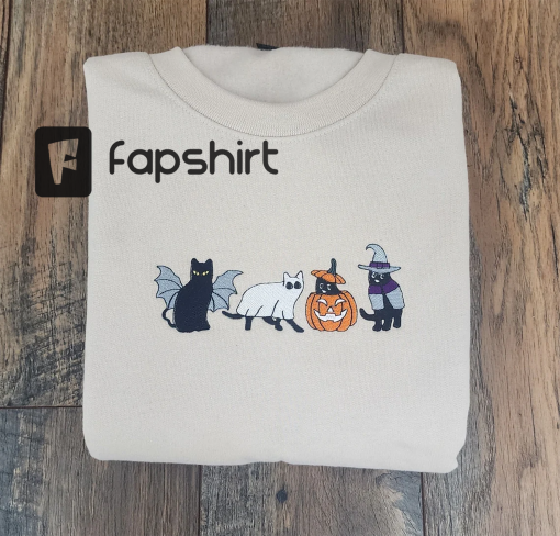 Ghost Cats Halloween Embroidery Sweatshirt, Halloween Ghost Cats Embroidered Unisex Sweatshirt