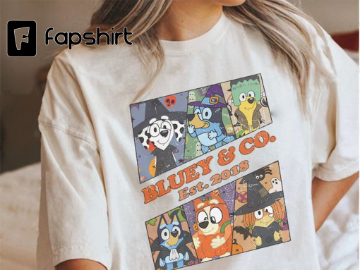 Horror Halloween Blu-ey and Co Comfort Color Shirt, Trick Or Treat Matching Family Tee, Halloween Cute Dog Shirt, Halloween Friends Shirt