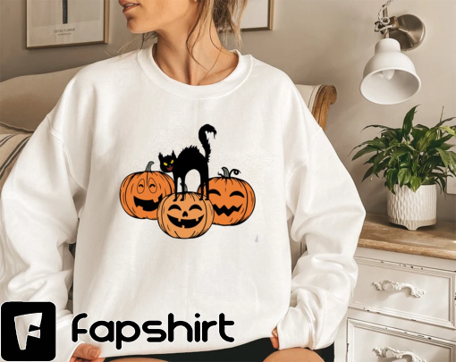 Black Cat On Pumpkin Sweatshirt, Halloween Black Cat Design, Fall Shirt, Halloween Party Tee, Cute Pumpkin Shirt, Womens Halloween Shirt