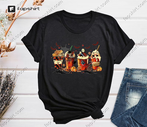 Horror Movie Coffee Latte Shirt, Horror Characters Halloween Tshirt, Halloween Coffee Drink Shirt, Horror Characters Coffee Cup Shirt