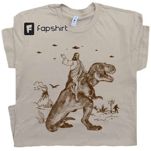 Jesus Riding Dinosaur T Shirt UFO T Shirt Funny T Shirts Offensive T Shirt Cool Graphic T Shirts Crazy Shirts For Men Women Guys Novelty Tee