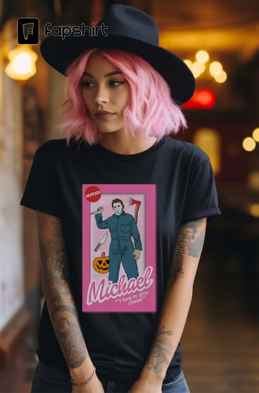 Michael doll tshirt, horror movie doll tshirt, funny Halloween graphic tee, pink spooky shirt, retro aesthetic, scary characters