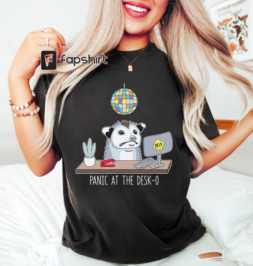 Panic at the Desk-O-possum T-shirt, Unisex Jersey Short Sleeve Tee, PRINT Opossum Meme, Cute Funny Office Possum Anxiety