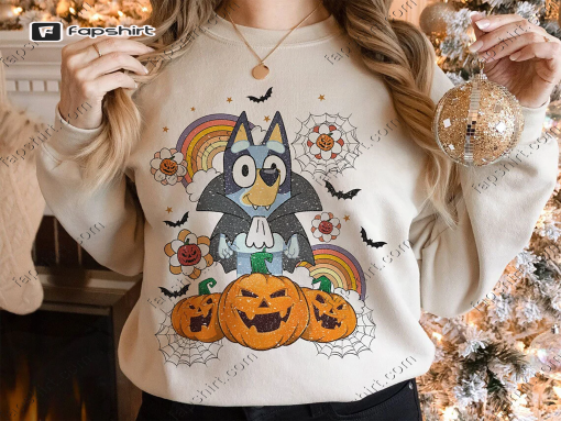 Bluey Halloween Sweatshirt, Bluey and Pumpkin Sweatshirt, Trick or Treat Shirt, Bluey Halloween Costume, Vampire, Witches, Halloween Style 5