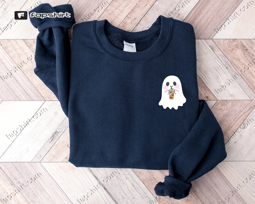 Halloween Pocket Size Ghost Shirt, Little Ghost Coffee Tee,Ghost Pocket Tee,Spooky Season,Halloween Shirt,Cute Ghost Drinking Coffee