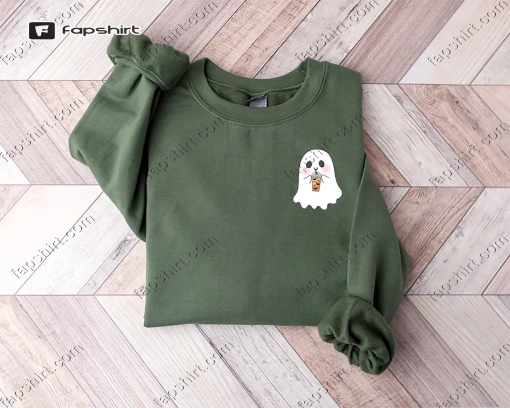 Halloween Pocket Size Ghost Shirt, Little Ghost Coffee Tee,Ghost Pocket Tee,Spooky Season,Halloween Shirt,Cute Ghost Drinking Coffee