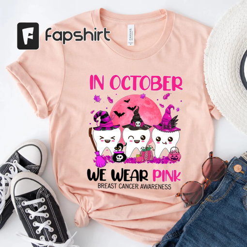 In October We Wear Pink Breast Cancer Awareness Dental Shirt, Halloween Cancer Dentist Gift , Dental Squad Halloween T-shirt,Pink Ribbon Tee