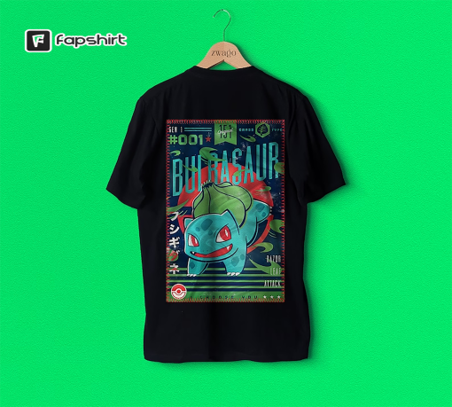 Bulbasaur Graphic Back And Front Shirt, Embroidered Personalized Organic Cotton Tee, Pokemon Image Aesthetic Clothing Streetwear T-Shirt