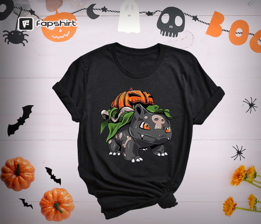 Bulbasaur Pumpkin Halloween Shirt, Halloween Anime Tee, Kids Halloween Bulbasaur T-Shirt, Pokemon Kids Shirt, Japanese Anime Shirts