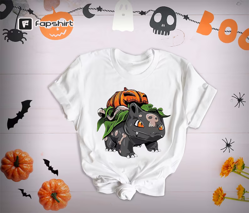 Bulbasaur Pumpkin Halloween Shirt, Halloween Anime Tee, Kids Halloween Bulbasaur T-Shirt, Pokemon Kids Shirt, Japanese Anime Shirts