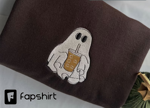 Ghost With Coffee Sweatshirt, Fall Coffee Sweatshirt, Ghost Embroidered Sweatshirt, Cute Ghost Sweatshirt, Spooky Coffee Lovers Sweatshirt