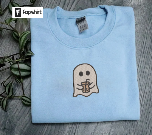 Embroidered Little Ghost Coffee Sweatshirts | Ghost Embroidered Shirts | Cute Ghost Halloween Tees | Funny Halloween Shirts | Spooky Season