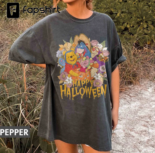 Retro Comfort Colors Halloween Winnie the Pooh Shirt, Vintage Floral Winnie Pooh Shirt, Happy Halloween Pooh & Co Shirt, Halloween Gift