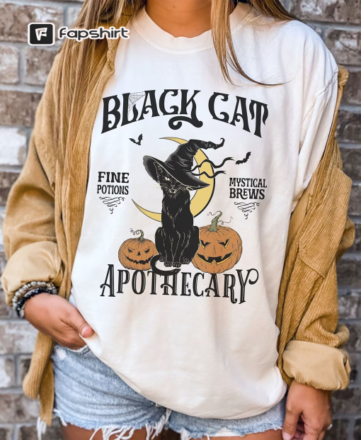 Halloween Shirt, Halloween Black Cat tshirt, Retro Halloween Cat Shirt, Cat Mom Halloween Shirt, Vintage Black Cat Salem Apothecary Shirt