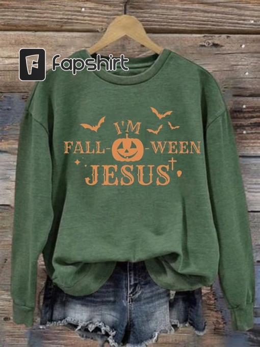 Women’s Halloween I’m Fall Ween Jesus Print Sweatshirt 2023, Jesus Shirt, Christian Shirt, Religious Fall Shirt, Halloween Pumpkin Shirt