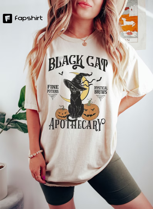 Halloween Shirt, Halloween Black Cat tshirt, Retro Halloween Cat Shirt, Cat Mom Halloween Shirt, Vintage Black Cat Salem Apothecary Shirt