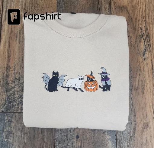 Ghost Cats Halloween Embroidery Sweatshirt, Halloween Ghost Cats Embroidered Unisex Sweatshirt