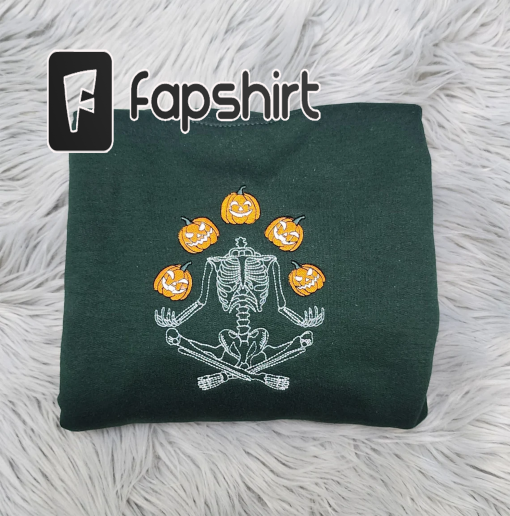 Skeleton Throwing Pumpkin Embroidered Sweatshirt or Hooded Sweatshirt