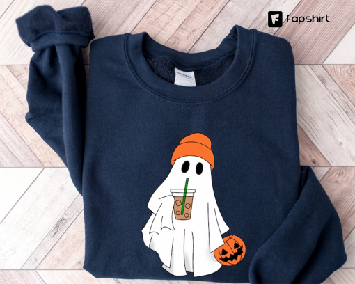 Cute Ghost Drinking Coffee Sweatshirt, Ghost Ice Coffee, Spooky Season, Fall Coffee Lover Hoodie, Halloween Party Shirt, Fall Graphic Shirt