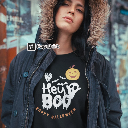 Happy Halloween Hey BOO sweatshirt with drawing of Ghosts and Pumpkin Gift for Saints Day