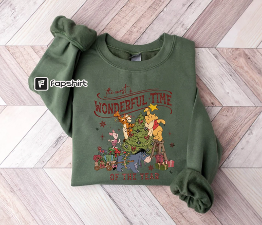 Winnie The Pooh Christmas Tree Sweatshirt, The Most Wonderful Time Of The Year Winnie The Pooh Christmas Lights Sweatshirt, Pooh Sweatshirt