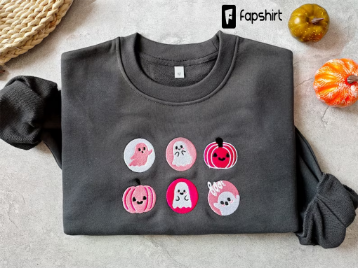 Halloween Sugar Cookies Embroidered Crew Neck Sweatshirt,Pink Spooky Season Crewneck Sweatshirt, Ghost and Pumpkin Embroidered,Fall Clothing