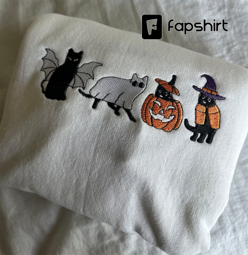 Cat Sweatshirt, Bat/Witch/Pumpkin/Ghost Cats, Cute Halloween Apparel, Embroidered Cat Crewneck, Cute Scary cat, Autumn Crewneck