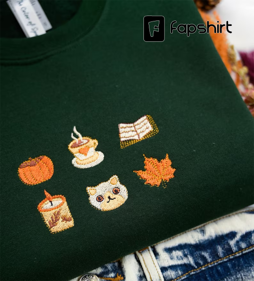 Autumn Essentials Embroidered Sweatshirt Crewneck SAND and GREEN | Pumpkin Cat sweatshirt | Spooky Season Crewneck