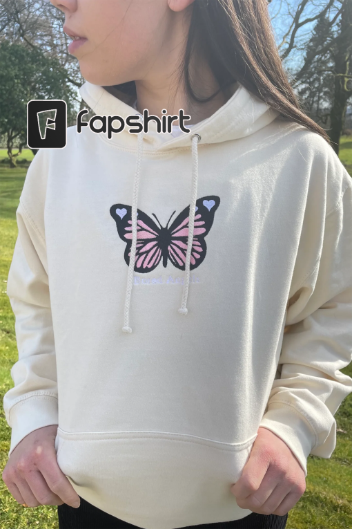 Cream Butterfly Hoodie, Butterfly embroidered