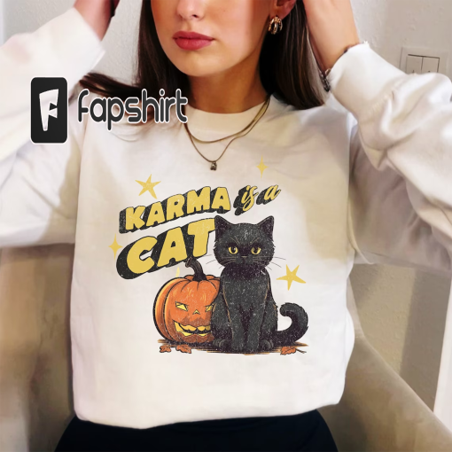 Karma is a Cat, Retro Halloween Sweatshirt, Spooky Cat Lover Sweater, Funny Halloween Crewneck, Spooky Season Fan Sweater, Halloween Gift