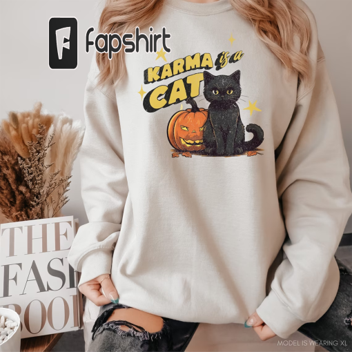 Karma is a Cat, Retro Halloween Sweatshirt, Spooky Cat Lover Sweater, Funny Halloween Crewneck, Spooky Season Fan Sweater, Halloween Gift