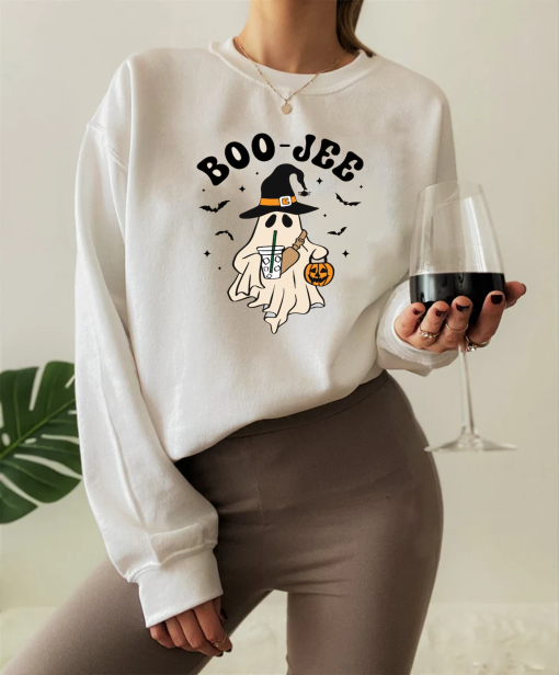 Boo Jee, Cute Ghost with coffee in Witch hat Cut file for Cricut, Boujee Fall and Halloween Sublimation DTF Print