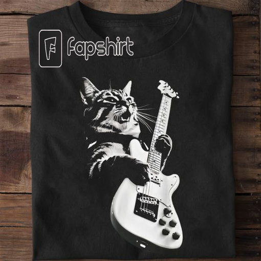 Cat Playing Guitar T-Shirt, Rock Cat Playing Guitar Shirt, Guitar-Playing Kitten Tee, Guitar Player Sweatshirt, Cat Gifts For Guitarist