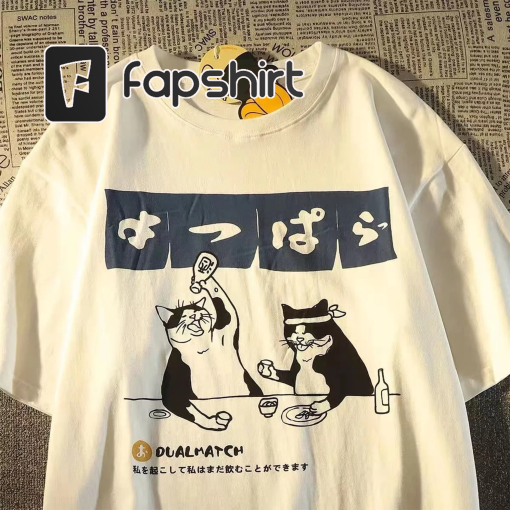 Japanese Cats Drinking Shirt , Hipster Casual Streetwear Harajuku Tshirt, Loose Fit T-Shirts, Unisex T-Shirts, Gifts for Friends