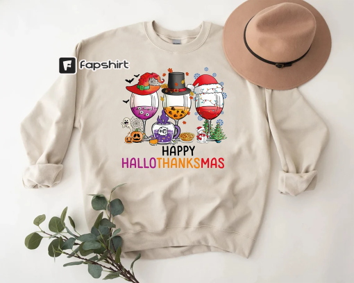 Happy Hallothanksmas T-Shirt Thankful Sweatshirt Halloween Party Tee Happy Thanksgiving Wine Sweatshirt Cute Sweatshirt Funny Thanksgiving