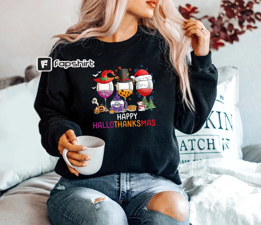 Happy Hallothanksmas T-Shirt Thankful Sweatshirt Halloween Party Tee Happy Thanksgiving Wine Sweatshirt Cute Sweatshirt Funny Thanksgiving