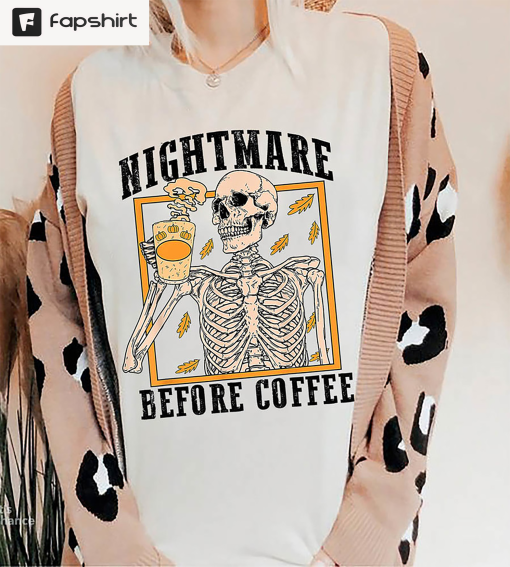 Funny Skeleton Halloween Shirt, Nightmare Before Coffee Long Sleeve Unisex Hoodie