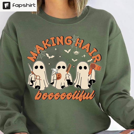 Boo Ghost Hair Stylist Shirt, Halloween Making Hair Bootiful Crewneck Sweatshirt