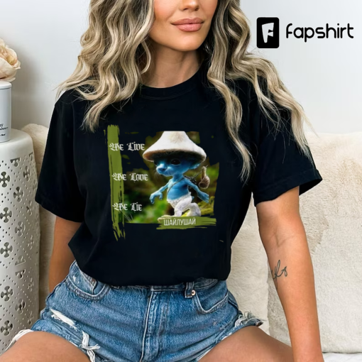 Realistic cat Smurf funny back printed Tshirt, goofy TikTok trend, we live, we love, we lie, blue cat, unique tee shirt, funny gifts