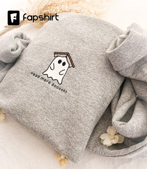 Embroidered Ghost Book Sweatshirt, Read More Booooks Sweatshirt, Fall Crewneck, Book Lover sweatshirt, Spooky Season Pullover, Ghost reading