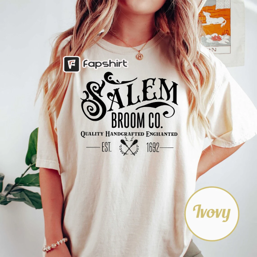 Women’s Salem Broom Co Quality Handcrafted Enchanted Est 1692 Printed Round Neck Long Sleeve Comfort colors Sweatshirt Shirt Halloween gift