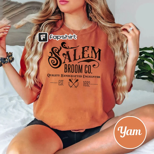 Women’s Salem Broom Co Quality Handcrafted Enchanted Est 1692 Printed Round Neck Long Sleeve Comfort colors Sweatshirt Shirt Halloween gift