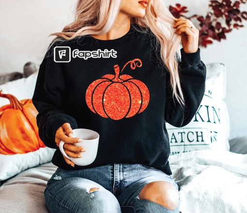 Glitter Pumpkin Sweatshirt, Orange Glitter Sweatshirt, Women’s Halloween Sweatshirt, Women’s Fall Sweater, Glittery Pumpkin Design