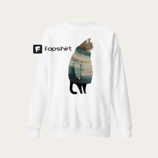 Fat Gray Cat in Sweater / Unisex Crewneck Sweatshirt Long Sleeve Shirt / Cotton Polyester / Cat Lover Gift, Pet Lover, Cute, Funny, Trendy