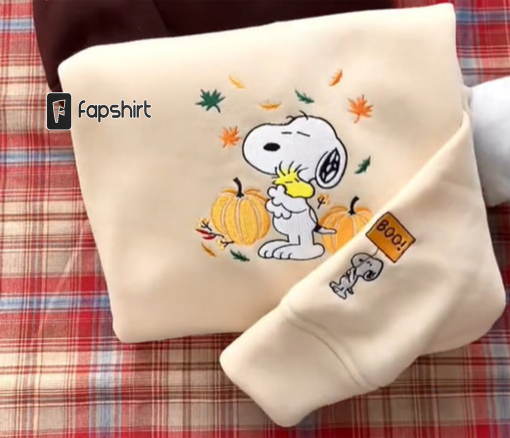 Boo Snoopy Hug Woodstock Pumpkin Fall Leaves Embroidered Sweatshirt/Hoodie/T-shirt, Halloween Shirt , Halloween Gift Embroidered Shirt