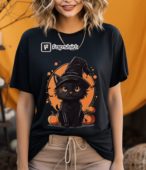 Halloween Sweatshirt, Black Cat And Pumpkins Hoodie, Halloween Sweater, Cool Halloween Cat T-Shirt, Black Cat Shirt, Whimsigoth Tee