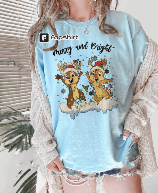 Vintage Chip and Dale Christmas Shirt Merry and Bright Shirt Disneyworld Christmas Shirt Disney Holiday Shirt Disney Family Xmas Gifts Shirt