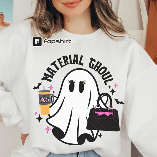 Material Ghoul Sweatshirt Funny Ghost Sweater Cute Designer Boujee Halloween Crewneck for Party Ghost Cup Trendy Preppy Fall Aesthetic